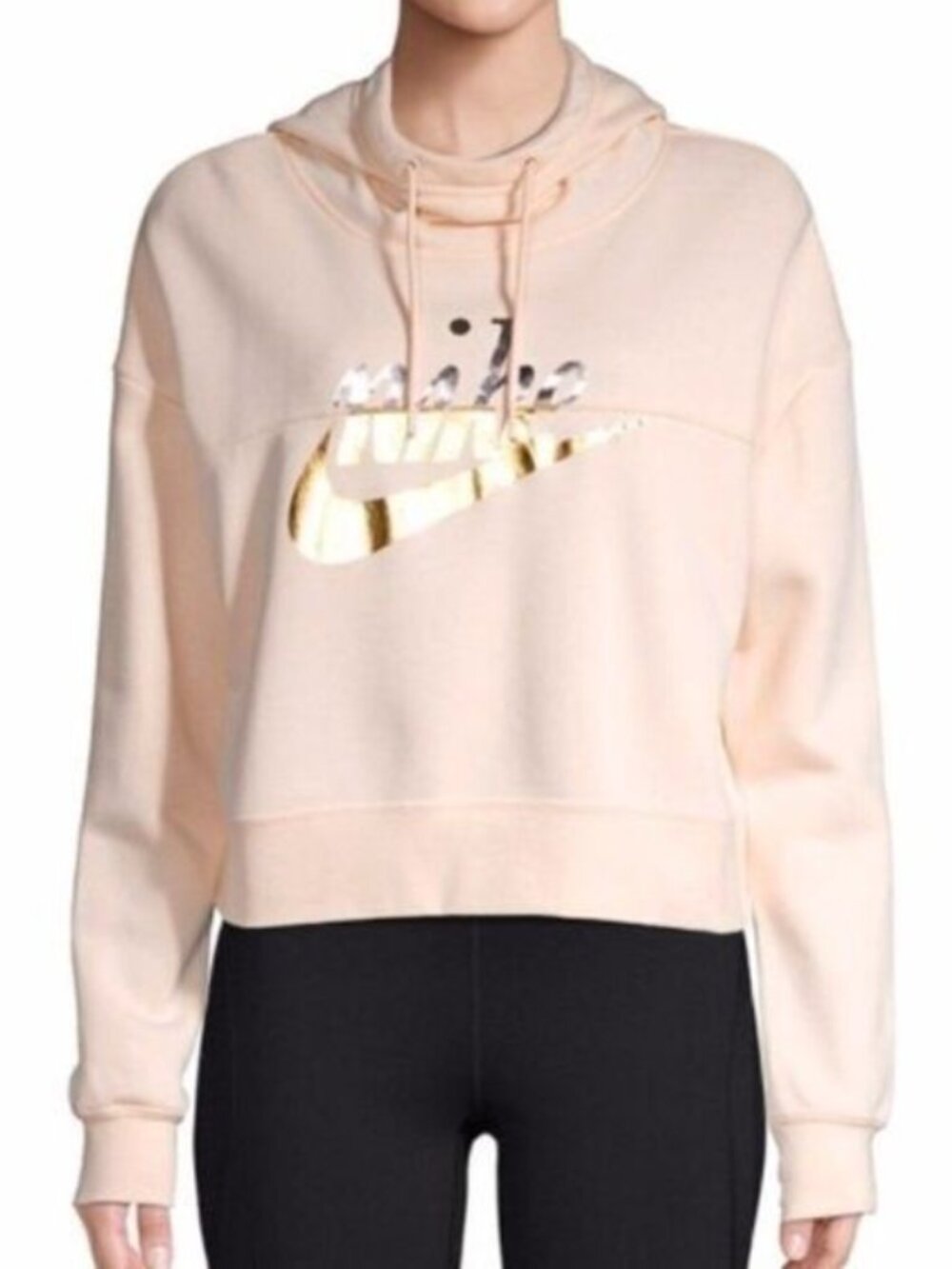 NIke Women's Rally Metallic Clash Crop Hoodie Sweatshirt Pink Medium